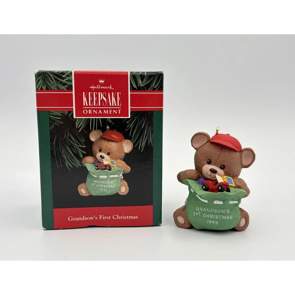 Hallmark Keepsake Ornament Grandson's First Christmas 1992 Bear Toy Bag Vintage